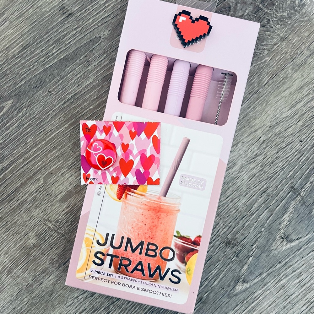 Pink Jumbo Straws Set with Valentine’s Day card and Button